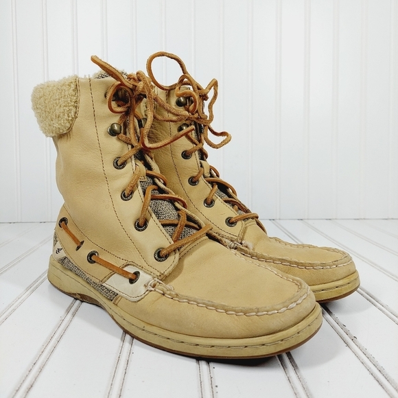 Sperry Top-sider Tall Women Tan Leather Fur Non-Marking Lace Up Ankle Boots B373 - Picture 4 of 12